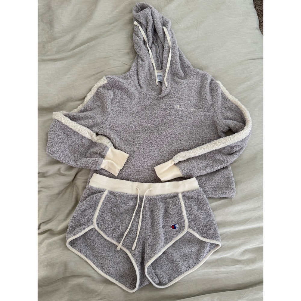 Champion Cozy Fleece Lounge Set Hoodie Shorts Gray Cream Trim Size S M L